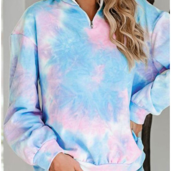 Lauren Tie Dye Quarter Zip Pastel Blue and Pink - Picture 2 of 6